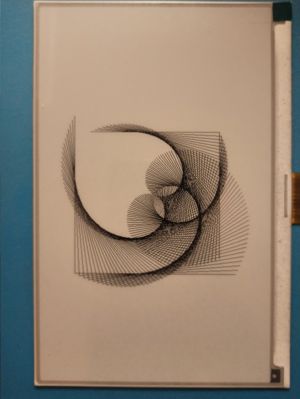 Curves coming out of straight lines in a square frame.