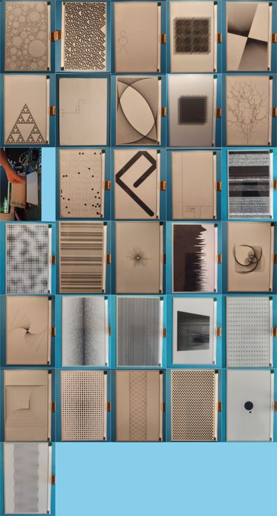 A montage of several pictures of a 7 inch e-paper display showing different code-generated patterns
